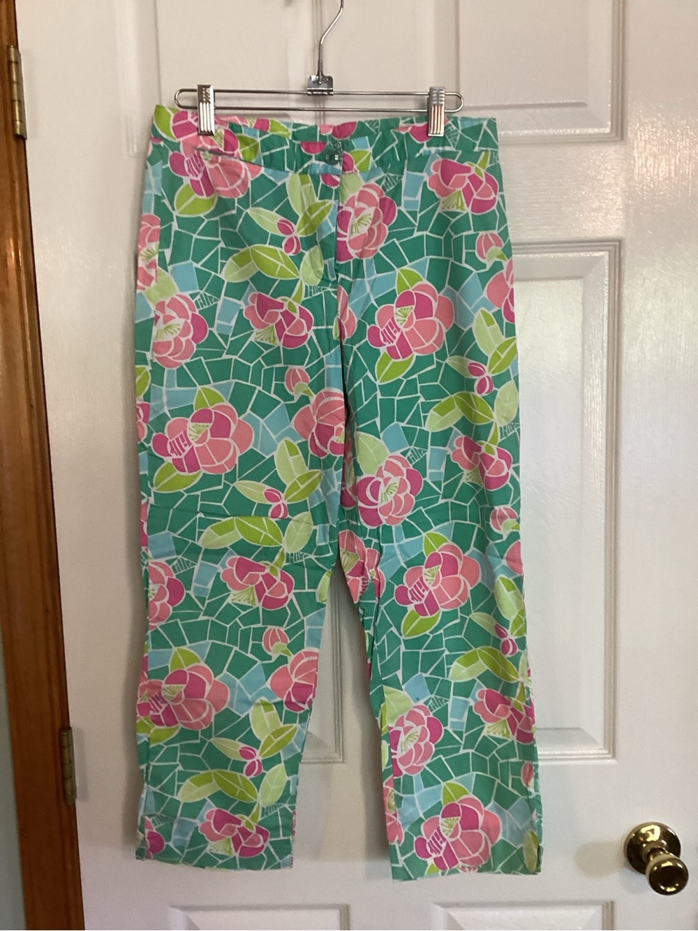 Lilly Pulitzer Teal Floral Straight Leg Pants with Pink & Lime Accents